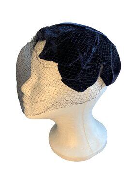 Ladies Blue Velvet Hat with Netting Vintage